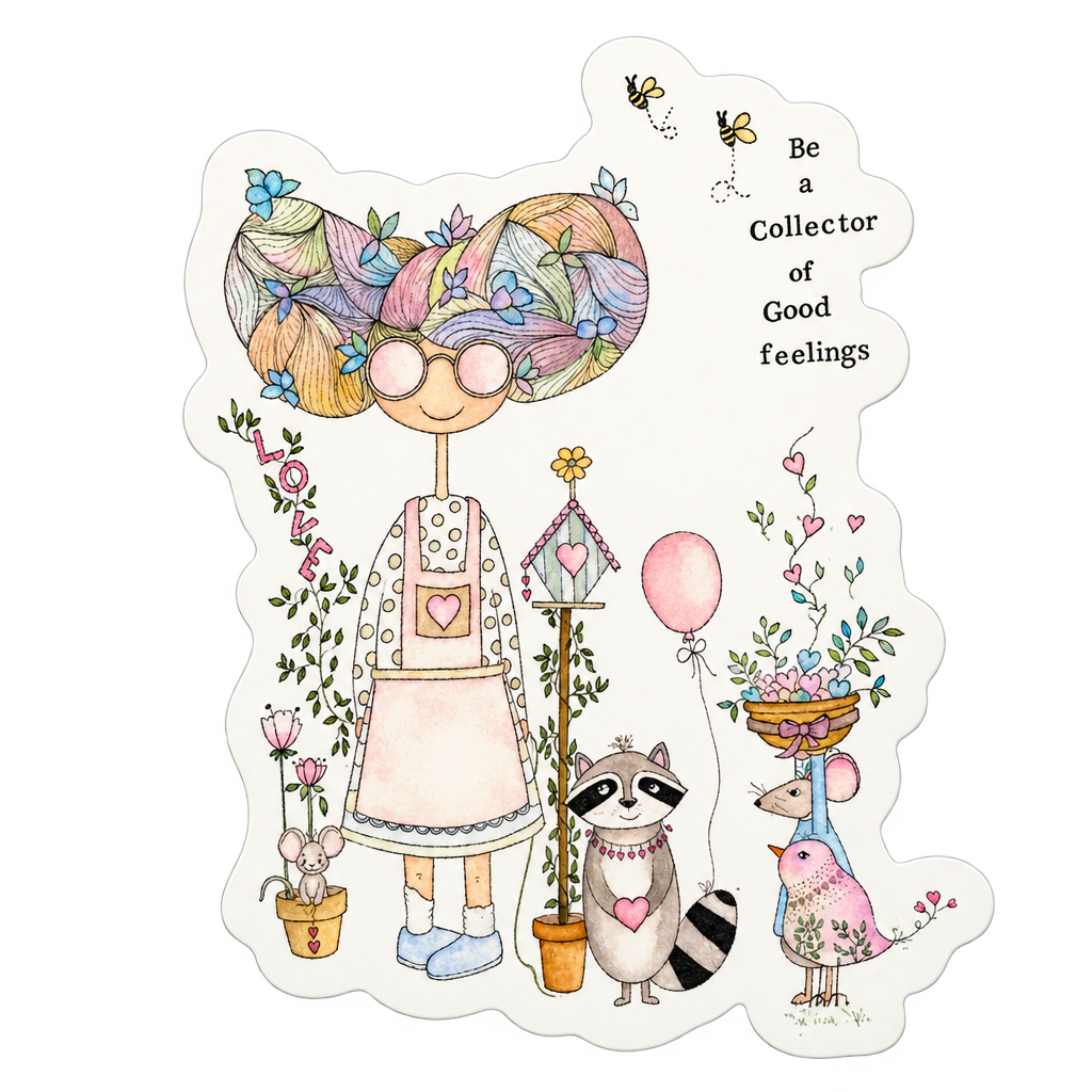 Margaret sticker featuring flowers, little animal friends, and the words Be a Collector of Good feelings